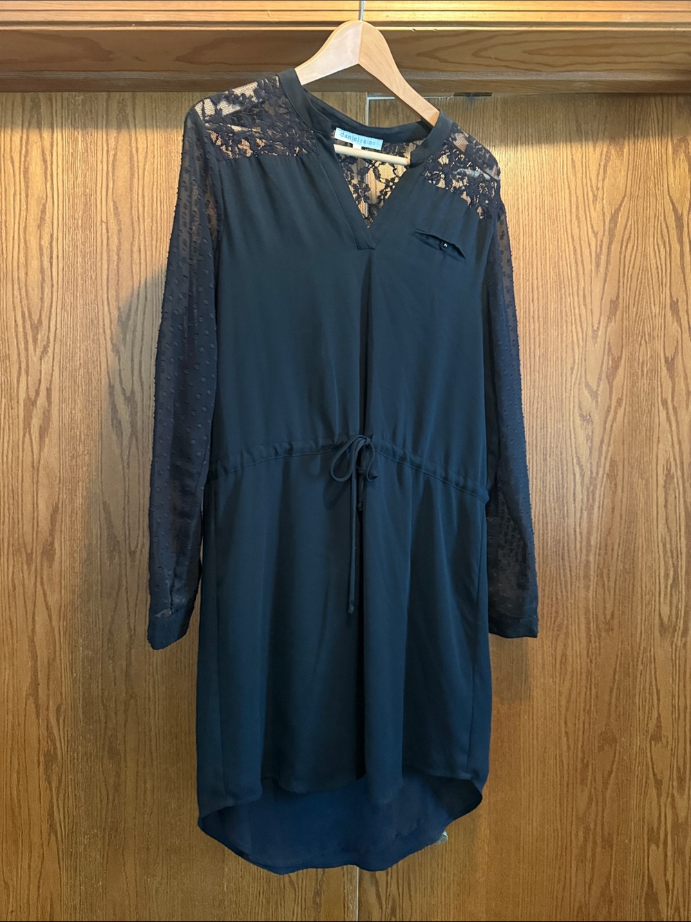 Daniel Rainn Black Lace-Detail V-Neck Drawstring Tunic Dress